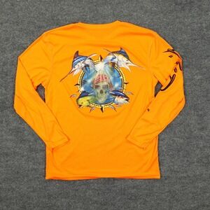 FH Davis Shirt Mens Small Orange Long Sleeve Performance Fishing Graphic Marlin